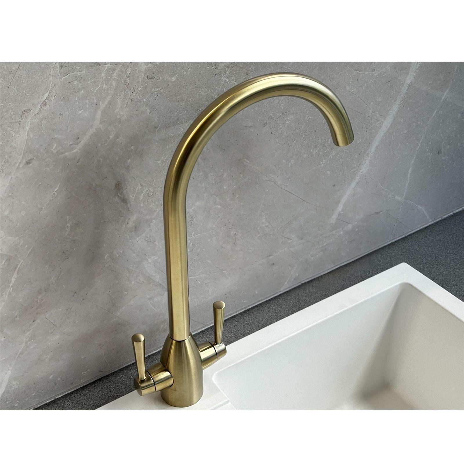 Liquida W05BG Swan Neck Monobloc Twin Lever Brushed Gold Kitchen Mixer Tap